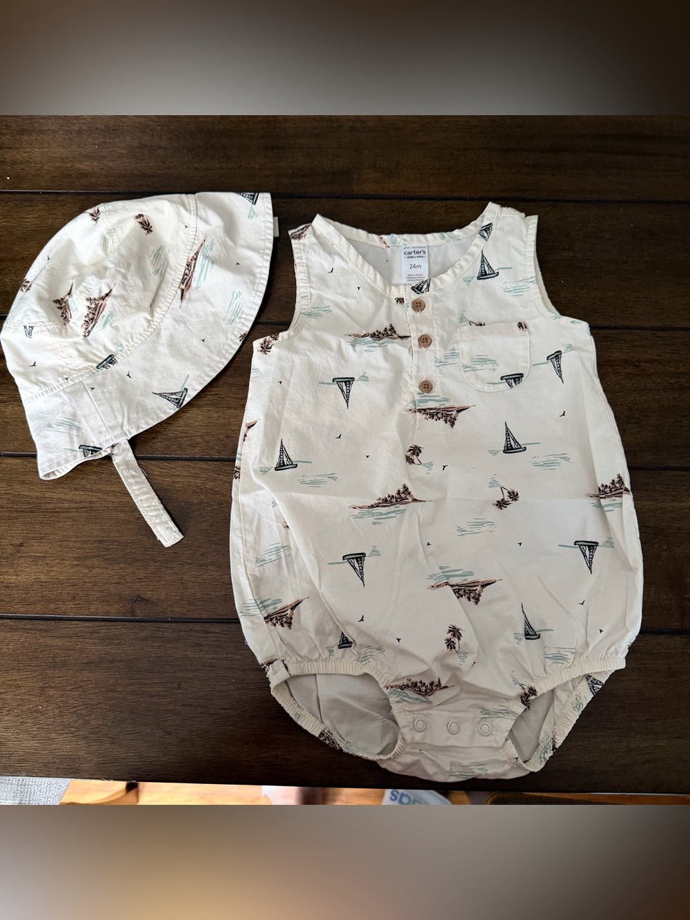Carter's Cream and Brown Button-Front romper and hat size 24M